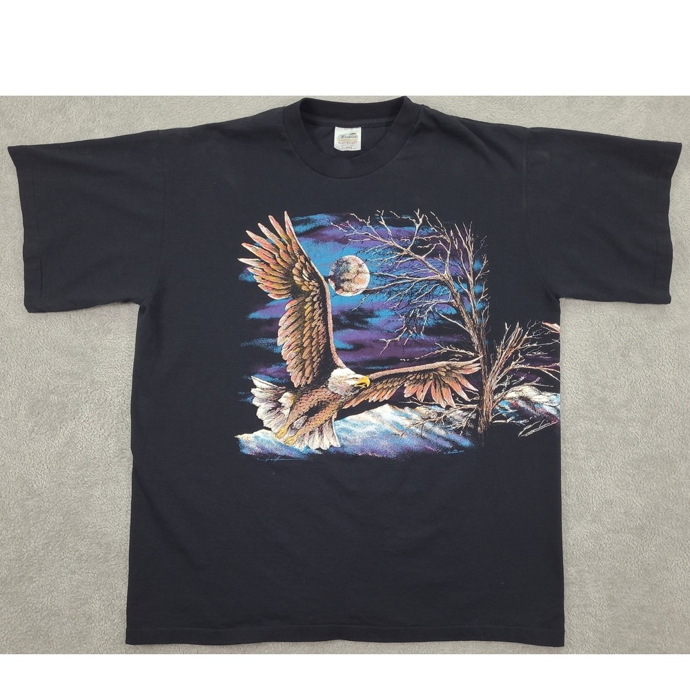 VTG 1993 Hazelwoods Bald Eagle Moon Wrap Graphic T Shirt Mens XL Black USA Made
